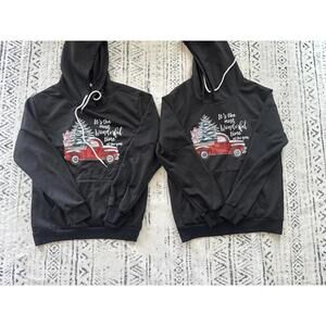 Black Holiday Hoodie with Red Truck and Christmas Tree Graphic, Size Small